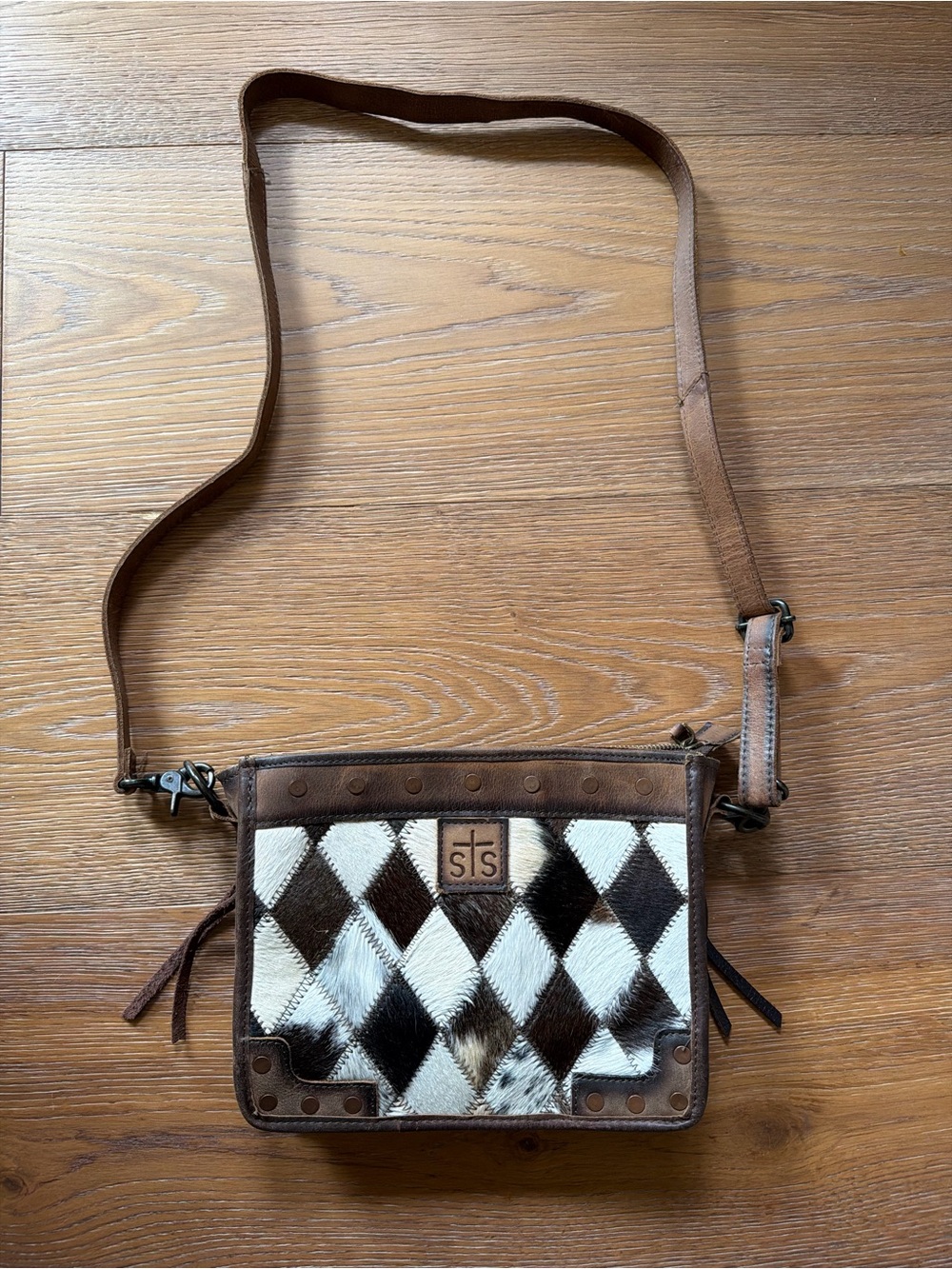 STS Ranchwear Brown and White Diamond Patch Leather Crossbody Bag